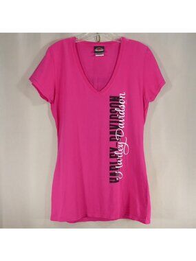 Harley Davidson Women L Hot Pink V-Neck T-Shirt Vertical Logo Monadnock Keene NH